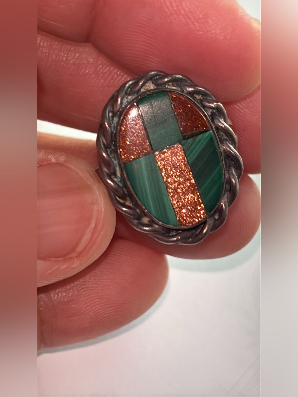 Sterling Silver Inlay Green Malachite and Copper Glitter Oval Ring